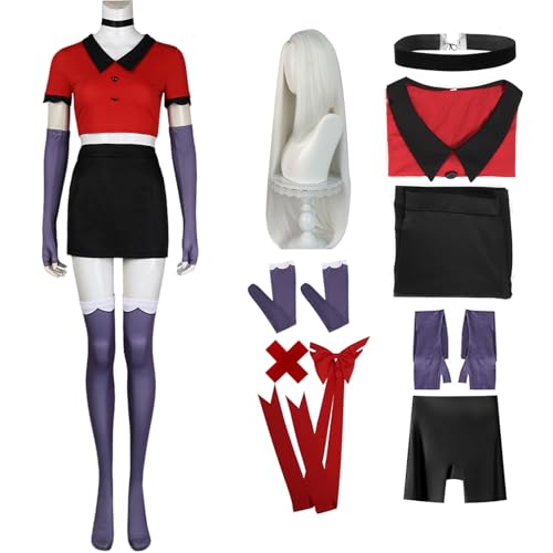 RWSMGS Vaggie Cosplay Costume Hazbin Hotel mit Bowkot, Handschuhen, Top, Rock, Perücke, Komplettset für Frauen zu Halloween (Rot + Perücke, Large) von RWSMGS