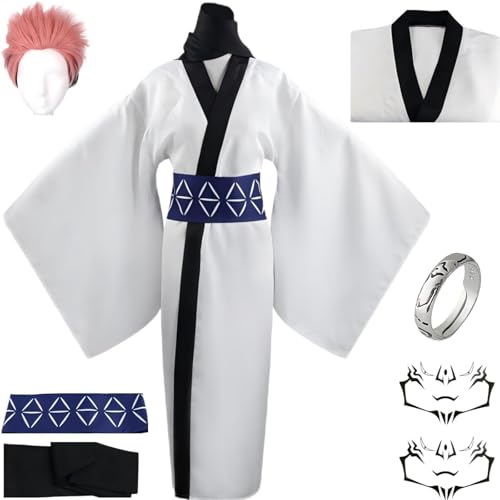 Ryomen Sukuna Cosplay-Kostüm, weißer Kimono mit Tattoo-Perücke, Ring, Sukuna Cosplay, Halloween-Party (Weiß+Perücke, S) von RWSMGS