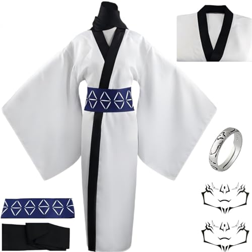 Ryomen Sukuna Cosplay-Kostüm, weißer Kimono mit Tattoo-Perücke, Ring, Sukuna Cosplay, Halloween-Party (Weiß, L) von RWSMGS