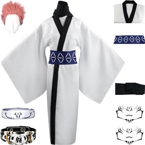 Ryomen Sukuna Cosplay-Kostüm weißer Kimono mit Tattoo-Armband Perücke Sukuna Cosplay Halloween-Party (Weiß+Perücke, L) von RWSMGS