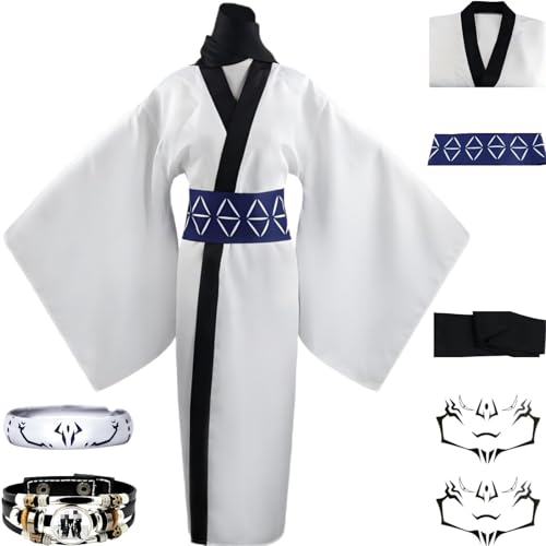 Ryomen Sukuna Cosplay-Kostüm weißer Kimono mit Tattoo-Armband Perücke Sukuna Cosplay Halloween-Party (Weiß, L) von RWSMGS