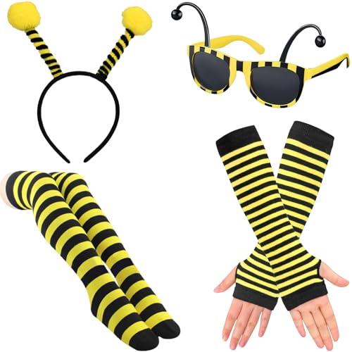 RWSRW Bienenkostüm Bienen Kostüm Damen Mädchen Bienen Haarreif Biene Bienenantenne Biene Brille Biene Fingerlose Handschuhe für Fasching Karneval Kostüm Damen von RWSRW