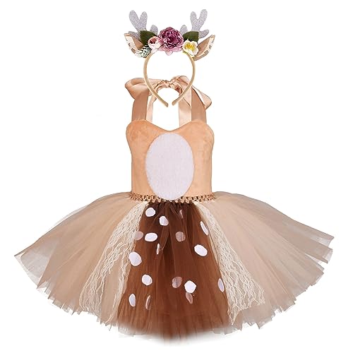 RWYBEYW Kinder Kleinkind Baby Mädchen Hirsch Kostüm Weihnachten Outfit Elch Strampler Bodysuit Xmas Cosplay Tutu Kleid mit Geweih Stirnband (A# Braun, 1-2 Jahre) von RWYBEYW