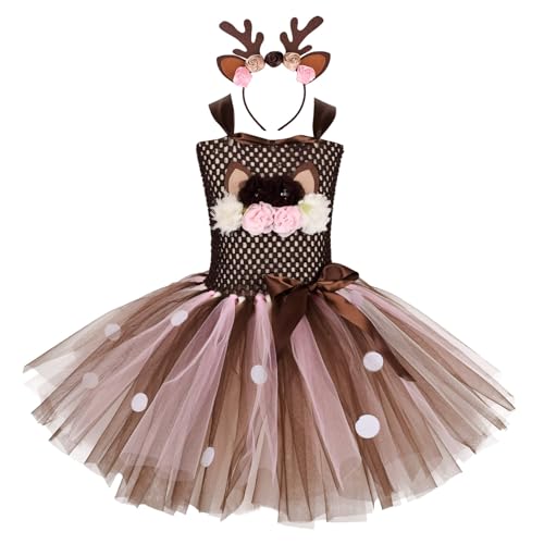 RWYBEYW Kinder Kleinkind Baby Mädchen Hirsch Kostüm Weihnachten Outfit Elch Strampler Bodysuit Xmas Cosplay Tutu Kleid mit Geweih Stirnband (A# Dunkelbraun, 2-3 Jahre) von RWYBEYW