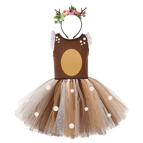 RWYBEYW Kinder Kleinkind Baby Mädchen Hirsch Kostüm Weihnachten Outfit Elch Strampler Bodysuit Xmas Cosplay Tutu Kleid mit Geweih Stirnband (B# Braun, 4-5 Jahre) von RWYBEYW