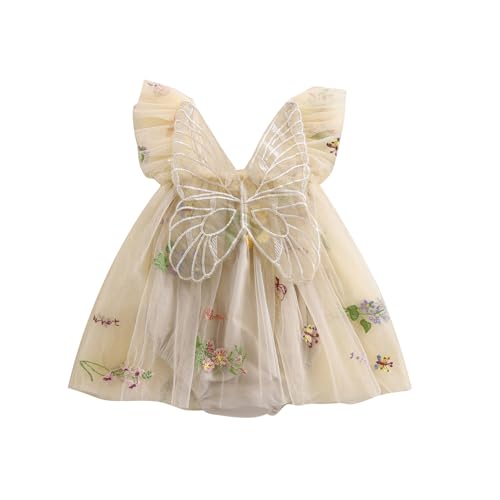 RWYBEYW Kleinkind Baby Mädchen Halloween Weihnachten Kostüme Fee Schmetterling Flügel Ärmellos Prinzessin Strampler Kleid Erster Geburtstag Outfit (Khaki, 0-3 Monate) von RWYBEYW