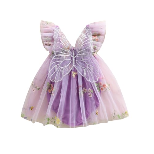 RWYBEYW Kleinkind Baby Mädchen Halloween Weihnachtskostüme Fee Schmetterlingsflügel ärmellos Prinzessin Strampler Kleid erster Geburtstag Outfit (Lila, 12-18 Monate) von RWYBEYW