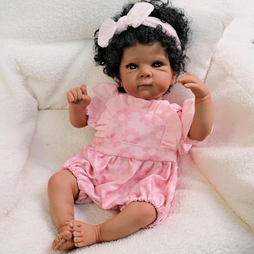 RXDOLL 45CM Afroamerikaner Reborn Baby Puppen Vollsilikon Ganzkörper Schwarzes Mädchen Realistische Neugeborene Babypuppen, die echt Aussehen Anatomisch korrekte Schwarze Puppe von RXDOLL