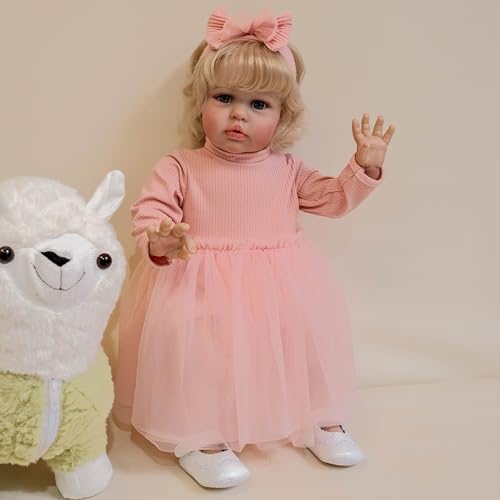 RXDOLL Große Größe Reborn Kleinkind Babypuppen 24 Zoll Realistische Reborn Kleinkind Mädchen Stoffkörper Echte Babypuppen, die echt aussehen Silikon Babys Kleinkind Puppe mit hübschem Kleid von RXDOLL