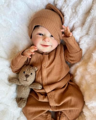 RXDOLL Realistische Neugeborene Baby Puppen Lächelnder Junge 18 Zoll Lebensechte Reborn Baby Puppen Augen offen Reborn Babys, die echt Aussehen Weicher Stoff Körper Reborn Bebe Puppe von RXDOLL