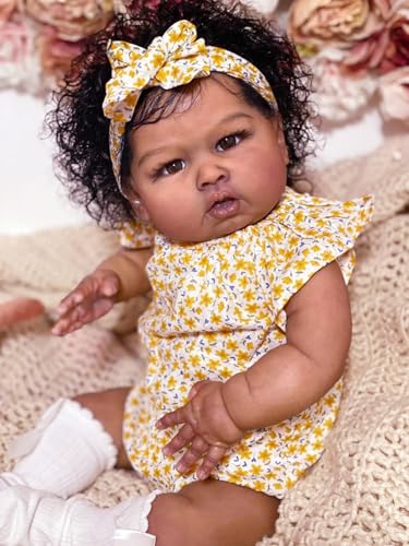 RXDOLL Realistische Reborn Kleinkind-Puppen Schwarzes Mädchen 24 Zoll African America Reborn Babypuppen Dunkelbraune Haut Echte Babypuppen, die echt aussehen Weichkörpergewichtetes Kleinkind Mädchen von RXDOLL