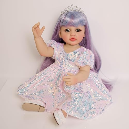 RXDOLL Reborn Babypuppe Mädchen Silikon Ganzkörper Vinyl 22 Zoll Realistische Reborn Kleinkind Puppen Langhaar Anatomisch Korrekte Babypuppe mit Hübscher Krone & Prinzessin Kleid von RXDOLL