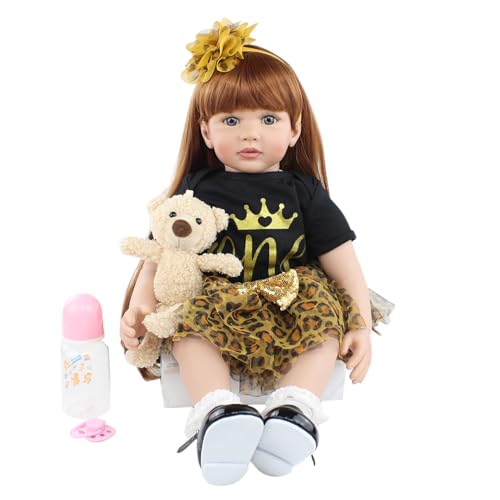 RXDOLL Reborn Puppe für Mädchen, 61 cm, realistisch, aus Silikon, langes und braunes Haar mit süßem Kleid für Kinder, Geschenke von RXDOLL