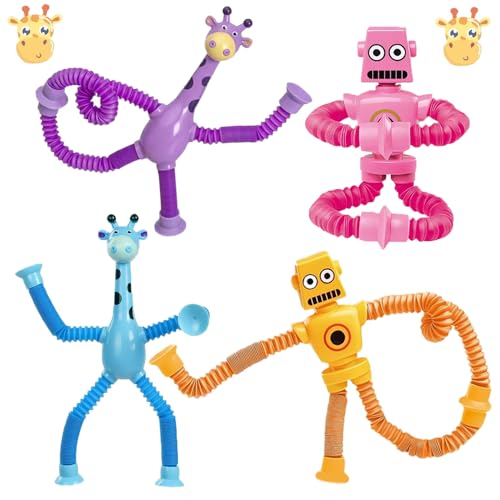 RXKFIGX 4 Stück Teleskop Saugnapf Giraffe Spielzeug Roboter Pop Röhren Sensorik Spielzeug Giraffen-Spielzeug Roboter Pop Tubes Lustiges Pädagogisches Stressabbau-Spielzeug für Kinder und Erwachsene von RXKFIGX