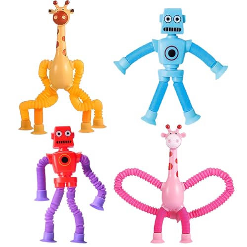 RXKFIGX 4Pcs Teleskop Saugnapf Giraffe Spielzeug Roboter Pop Röhren Sensorik Spielzeug Giraffen-Spielzeug Roboter Pop Tubes Lustiges Pädagogisches Stressabbau-Spielzeug (StyleC) von RXKFIGX