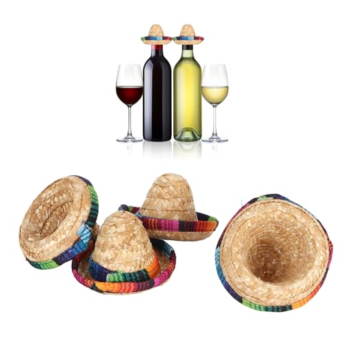 RXMORI 4 Mini-Mexikanische Sombrero-Hüte, Kleine Sombrero-Hüte für Flaschen, Mini-Strohhut, Weinflaschen-Topper, Bunter Bier-Poncho-Überzug für Cinco De Mayo, Mexikanische von RXMORI