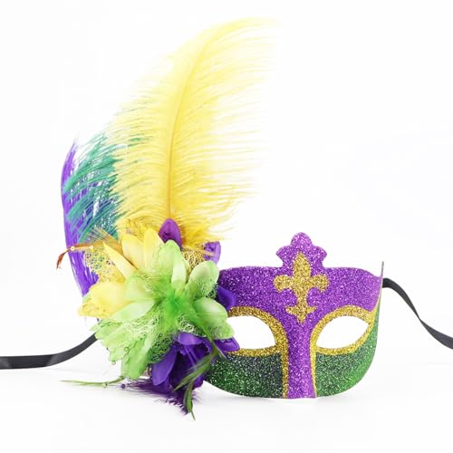 RXMORI Maskerade-Maske mit Federn, Glänzende Damen-Federn-Mardi-Gras-Maske, Venezianische Paar-Karnevalsmasken für Maskerade-Party, Cosplay-Party, Themenball (B) von RXMORI