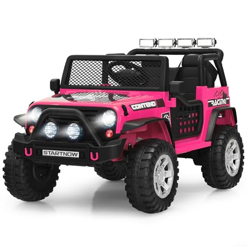 12-V-Elektro-Aufsitzauto für Kinder, batteriebetriebenes Geländeauto mit Fernbedienung, LED-Leuchten, Hupe, Musik, 4 gefederten Rädern, Fahrzeugspielzeug für Kinder (Pink) von RYMMKOP