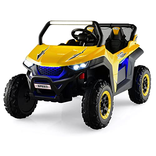 12 V Elektro-UTV für Kinder, 2-Sitzer, batteriebetriebener Truck mit Fernbedienung, Bluetooth, LED-Licht, Musik, MP3/USB/FM, 4 gefederten Rädern, Fahrzeugspielzeug für Kinder (gelb) von RYMMKOP