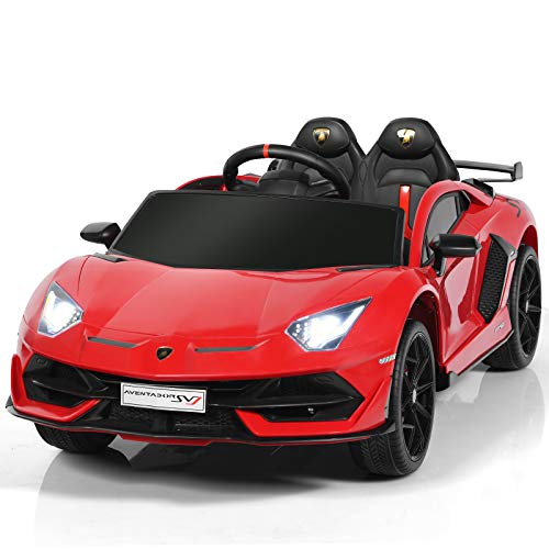 12-V-Elektroauto für Kinder mit Fernbedienung, LED-Leuchten, Hupe, Musik, Federung, Lizenziertes batteriebetriebenes Lamborghini-Spielzeugauto für Jungen und Mädchen (rot) von RYMMKOP