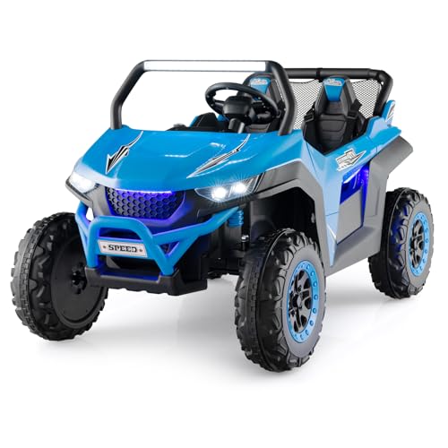 12 V elektrisches Aufsitz-UTV für Kinder, 2-Sitzer-Batteriebetriebener Truck mit Fernbedienung, Bluetooth, LED-Licht, Musik, MP3/USB/FM, 4 gefederten Rädern, Fahrzeugspielzeug für Kinder (blau) von RYMMKOP