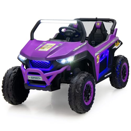 12 V elektrisches Aufsitz-UTV für Kinder, 2-Sitzer-Batteriebetriebener Truck mit Fernbedienung, Bluetooth, LED-Licht, Musik, MP3/USB/FM, 4 gefederten Rädern, Fahrzeugspielzeug für Kinder (lila) von RYMMKOP