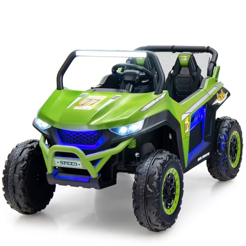 12 V elektrisches Aufsitz-UTV für Kinder, 2-Sitzer-LKW mit Batteriebetrieb, Fernbedienung, Bluetooth, LED-Licht, Musik, MP3/USB/FM, 4 gefederten Rädern, Fahrzeugspielzeug für Kinder (grün) von RYMMKOP