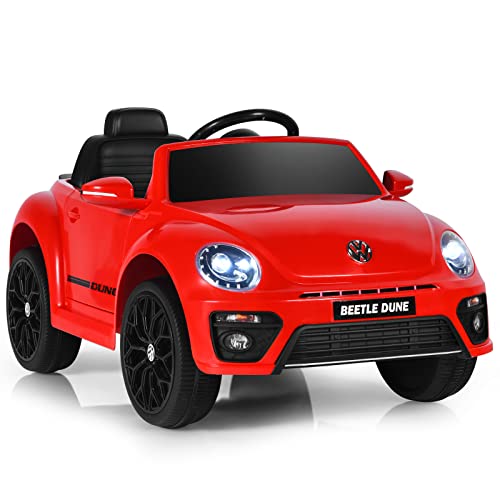 12 V elektrisches Kinderauto, Lizenziertes Volkswagen-Spielzeugauto mit Fernbedienung, Lichtern, Musik, Hupe, USB, batteriebetriebenes Kinderauto als Geschenk für Jungen und Mädchen (rot) von RYMMKOP