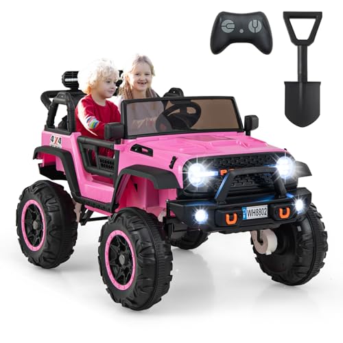 24-V-Kinder-Aufsitzauto, batteriebetriebenes 2-Sitzer-Aufsitzauto mit Fernbedienung, Musik, MP3, USB, 4 Motoren, Elektrofahrzeug-Jeep für Jungen und Mädchen (Pink) von RYMMKOP