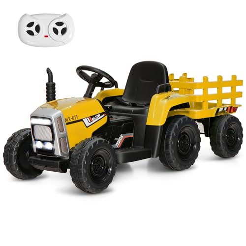 Aufsitztraktor mit Anhänger, elektrisches Kinderspielzeugauto mit 12-V-Batteriebetrieb, Fernbedienung, LED-Leuchten, USB- und Bluetooth-Musik, Aufsitzspielzeug mit vier Rädern für Kinder ab 3 Jahren ( von RYMMKOP