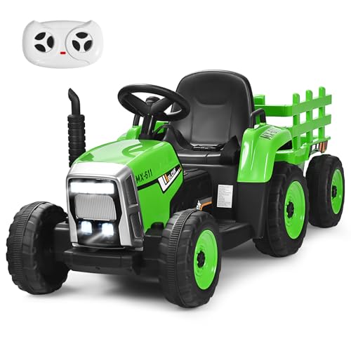 Aufsitztraktor mit Anhänger, elektrisches Kinderspielzeugauto mit 12-V-Batteriebetrieb, Fernbedienung, LED-Leuchten, USB- und Bluetooth-Musik, Aufsitzspielzeug mit vier Rädern für Kinder ab 3 Jahren ( von RYMMKOP