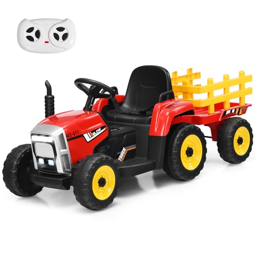 Aufsitztraktor mit Anhänger, elektrisches Spielzeugauto für Kinder mit 12-V-Batteriebetrieb, Fernbedienung, LED-Leuchten, USB- und Bluetooth-Musik, Aufsitzspielzeug mit vier Rädern für Kinder ab 3 Jah von RYMMKOP