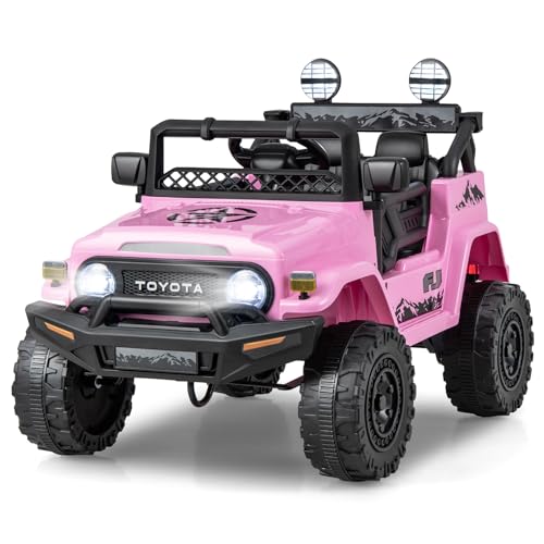 Elektrisches Kinderauto, 12 V, lizenzierter Toyota FJ Geländewagen mit Fernbedienung, Stoßdämpferaufhängung, LED-Leuchten, Musik, batteriebetriebenes Fahrzeugspielzeug für 37–96 Monate (Pink) von RYMMKOP