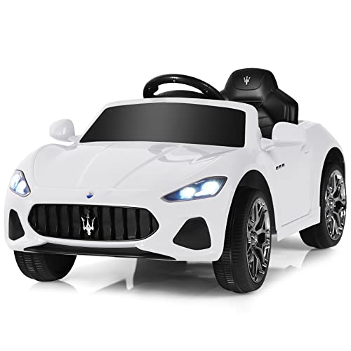 Elektrisches Kinderauto, 12-V-Batteriebetrieb, kompatibles Maserati-Spielzeugauto mit Zwei Motoren, Fernbedienung, Lichtern, USB, Hupe und Musik, Geschenk für Jungen und Mädchen ab 3 Jahren (weiß) von RYMMKOP