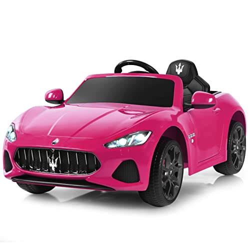 Elektrisches Kinderauto, 12-V-Batteriebetriebenes kompatibles Maserati-Spielzeugauto mit Zwei Motoren, Fernbedienung, Lichtern, USB, Hupe und Musik, für Kinder ab 3 Jahren (Pink) von RYMMKOP