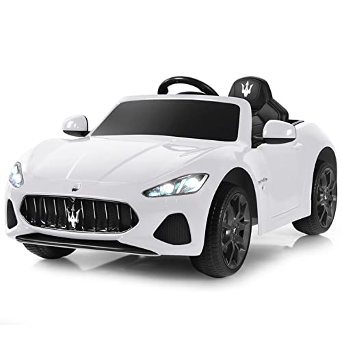 Elektrisches Kinderauto, 12-V-Batteriebetriebenes kompatibles Maserati-Spielzeugauto mit Zwei Motoren, Fernbedienung, Lichtern, USB, Hupe und Musik, für Kinder ab 3 Jahren (weiß) von RYMMKOP