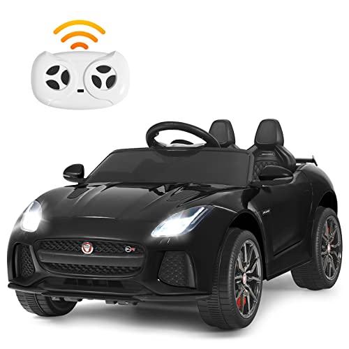 Elektrisches Kinderauto, Lizenziertes 12-V-Jaguar F-Type SVR-Spielzeugauto mit Batteriebetrieb, Fernbedienung, Lichtern, MP3, Musik, Geschenk für Jungen und Mädchen ab 3 Jahren (schwarz) von RYMMKOP