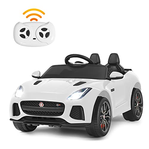 Elektrisches Kinderauto, Lizenziertes 12-V-Jaguar F-Type SVR-Spielzeugauto mit Batteriebetrieb, Fernbedienung, Lichtern, MP3, Musik, Geschenk für Jungen und Mädchen ab 3 Jahren (weiß) von RYMMKOP