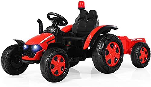 Traktor und Anhänger für Kinder, elektrisches Spielzeugauto mit 12-V-Batteriebetrieb, Fernbedienung, LED-Licht, Getränkehalter, Sicherheitsgurt, Hupe und Musik, Aufsitzspielzeug mit vier Rädern, für K von RYMMKOP