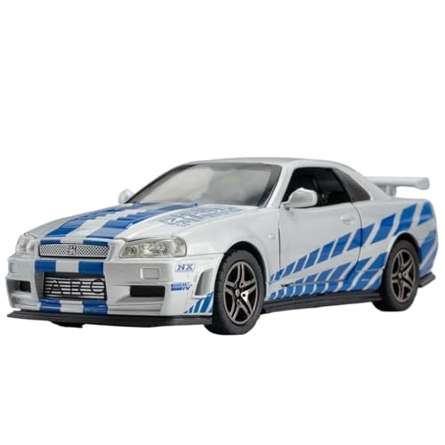 RYUEXING for 1/32 GTR34 Legierung Kinderspielzeug Simulationsauto Metallspielzeugmodell Offene Tür Sound Und Licht Lenkauto Sammlung Ornamente(Silver) von RYUEXING