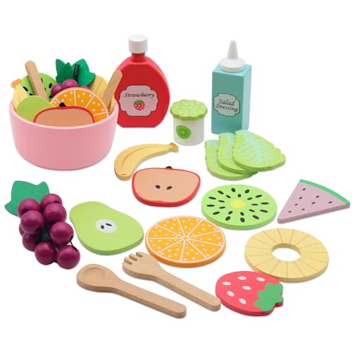 RZMZBY Kinderküche Zubehör aus Holz 18 Stücke Spielküche Zubehör Lebensmittel Spielzeug mit Obst Gemüse Geschirr Kochen Lebensmittel Simulation Bildungs und Farbe Wahrnehmung für Jungen Mädchen von RZMZBY