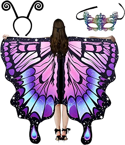 RZXBB Schmetterlingsflügel Damen,Schmetterling Kostüm Damen,Schmetterling Umhang Schal,Schmetterling Karneval,Butterfly Wings Mit Bunter Maske Und Stirnband,Für Cosplay, Fasching, Faschingsball (F) von RZXBB