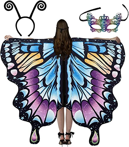 RZXBB Schmetterlingsflügel Damen,Schmetterling Kostüm Damen,Schmetterling Umhang Schal,Schmetterling Karneval,Butterfly Wings Mit Bunter Maske Und Stirnband,Für Cosplay, Fasching, Faschingsball (D) von RZXBB