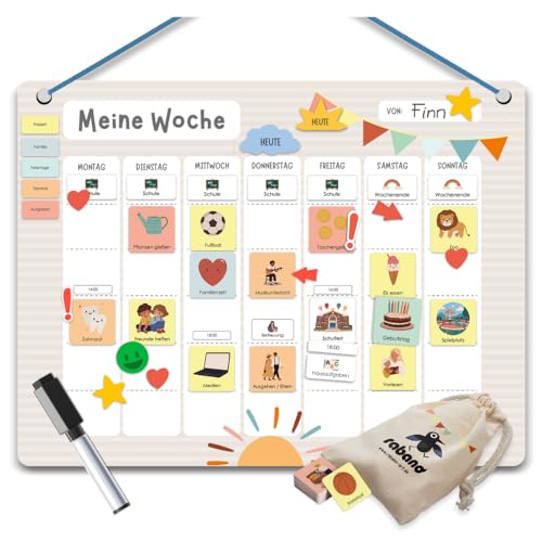 Rabano Art Wochenplaner für Kinder - 200 Magnete, Stift, Tasche - Montessori Magnettafel zur Wochenplanung, ADHS Hilfsmittel, System für Verantwortung und Selbständigkeit von Rabano Art