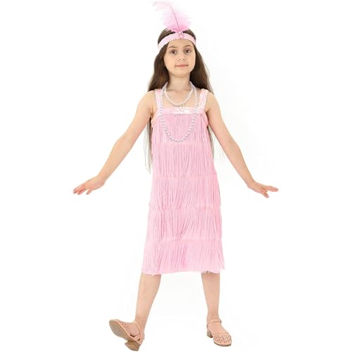 Rabtero Kids Roaring the 20er Jahre Fancy Kleid Kostüm, Mädchen Flapper Kleid mit Perlenkette und Feder Stirnband, Gangster Flapper Kleid für Mädchen, Rosa, Mittel 6-8 von Rabtero