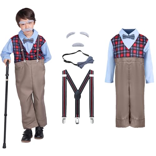 Rabtero Kinder Alter Mann Kostüm 100 Schultag Kostüm für Jungen Opa Cosplay Kostüm Set Kit mit Zubehör Klein 4-6 von Rabtero