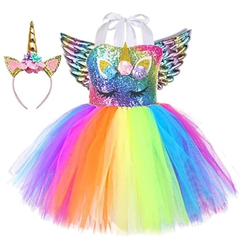 Rabtero Kinder Einhorn Kostüm, Kinder Einhorn Prinzessin Fancy Kleid, Regenbogen Einhorn Ballett Tutu Kleid mit Stirnband und Flügeln für Mädchen 2-4 von Rabtero