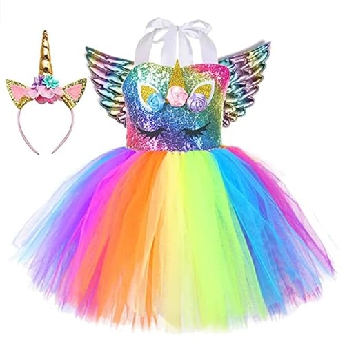 Rabtero Kinder Einhorn Kostüm, Kinder Einhorn Prinzessin Fancy Kleid, Regenbogen Einhorn Ballett Tutu Kleid mit Stirnband und Flügeln für Mädchen 8-9 von Rabtero