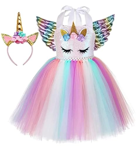 Rabtero Kinder Einhorn Kostüm, Kinder Einhorn Prinzessin Fancy Kleid, rosa Einhorn Ballett Tutu Kleid mit Stirnband und Flügeln für Mädchen 2-4 von Rabtero