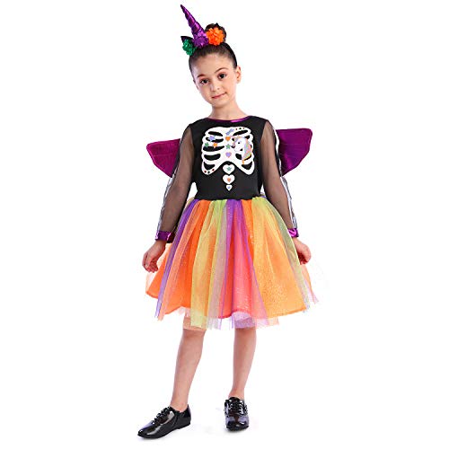 Rabtero Kinder Halloween Hexe Kostüm, Einhorn Hexe Tutu Kleid mit Einhorn Stirnband und Flügeln, Halloween Hexe Dress Up für Mädchen 9-10 Jahre von Rabtero